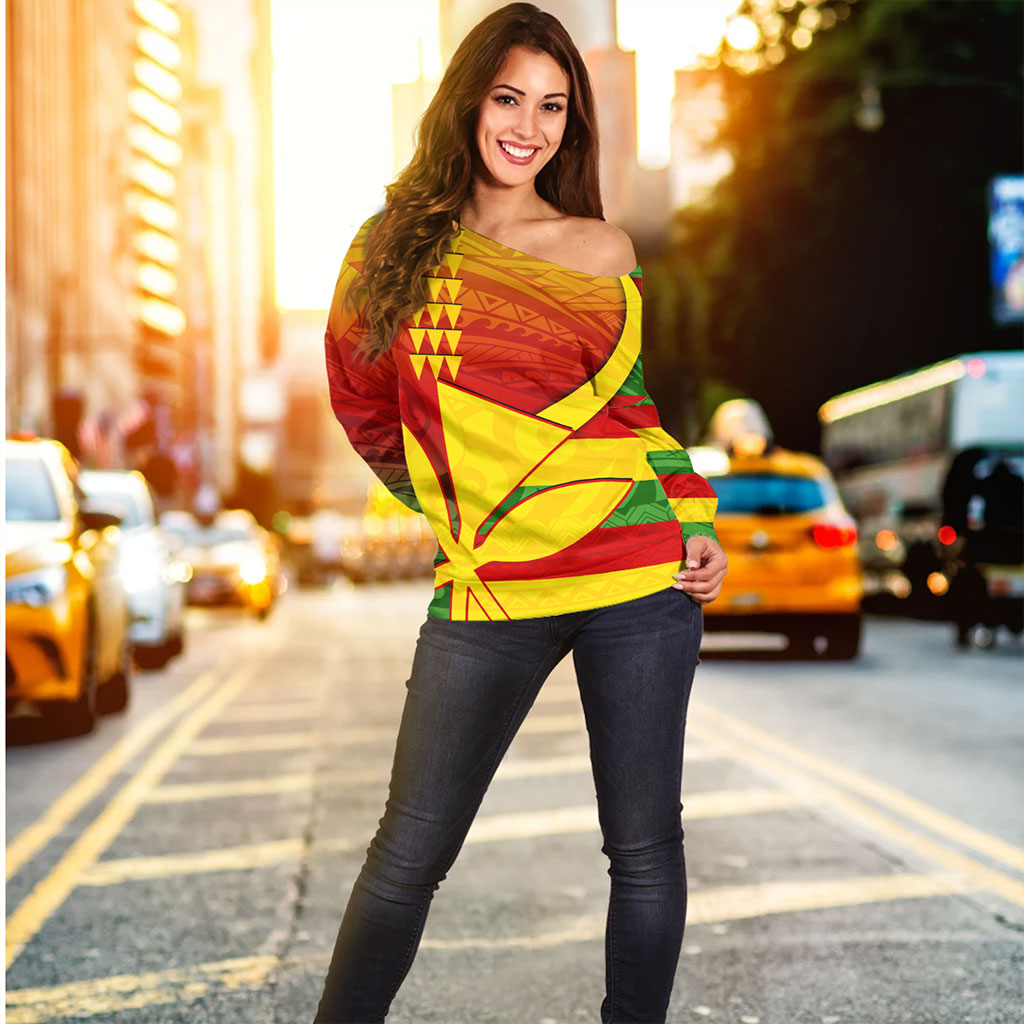 Hawaii Off Shoulder Sweatshirt Kanaka Flag Tribal Polynesian