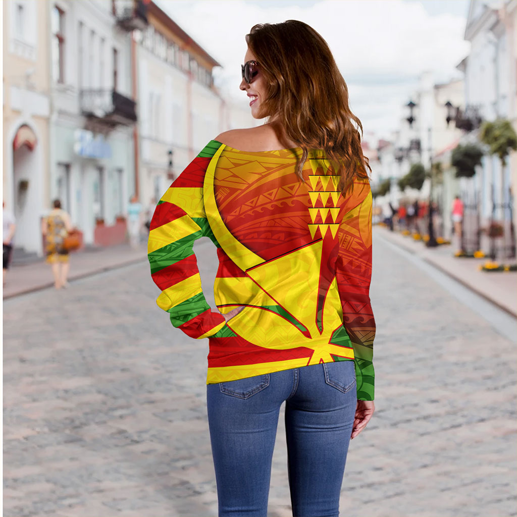 Hawaii Off Shoulder Sweatshirt Kanaka Flag Tribal Polynesian