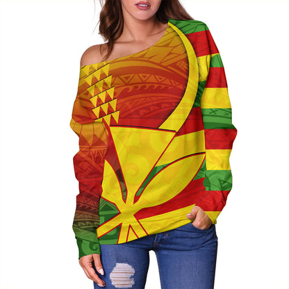Hawaii Off Shoulder Sweatshirt Kanaka Flag Tribal Polynesian