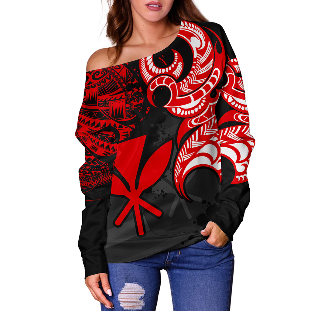 Hawaii Off Shoulder Sweatshirt Kanaka Polynesian Tribal Print Pattern