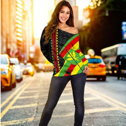 Hawaii Off Shoulder Sweatshirt Kanaka Tribal Flag Grunge Special