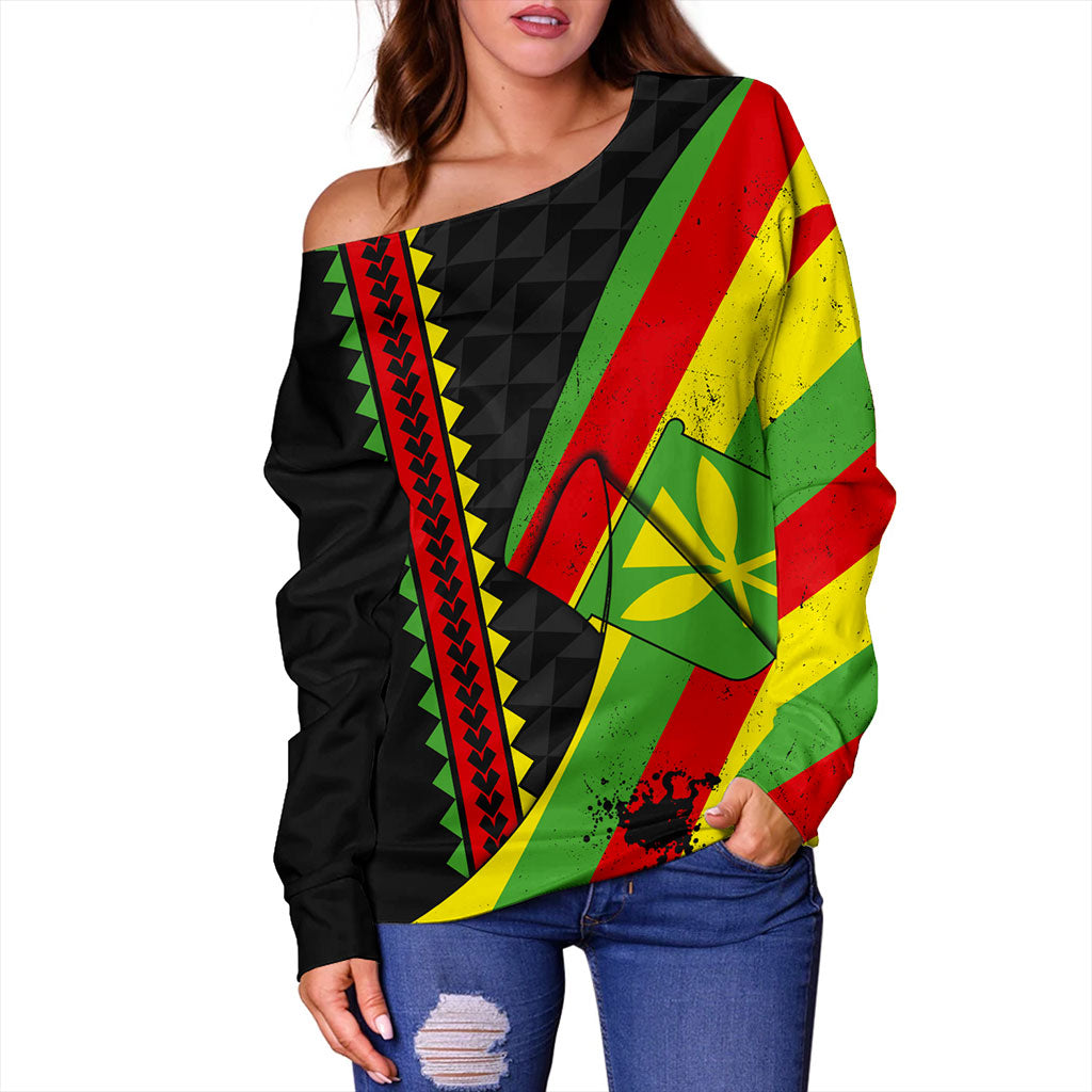 Hawaii Off Shoulder Sweatshirt Kanaka Tribal Flag Grunge Special