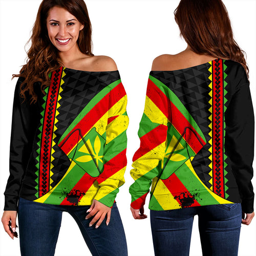Hawaii Off Shoulder Sweatshirt Kanaka Tribal Flag Grunge Special
