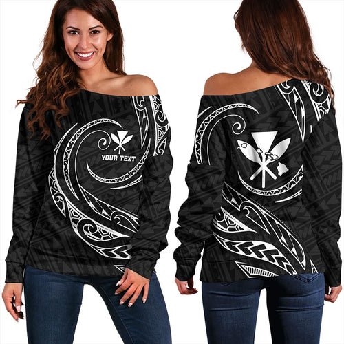 Hawaii Off Shoulder Sweatshirt Custom Kanaka Map Polynesian Tribal Wave