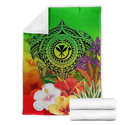 Hawaii Premium Blanket - Kanaka Maoli Manta Ray Tropical Flowers (Green)