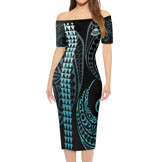 Kiribati Short Sleeve Off The Shoulder Lady Dress Kakau Style Turquoise