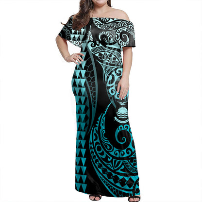 Kiribati Off Shoulder Long Dress Kakau Style Turquoise