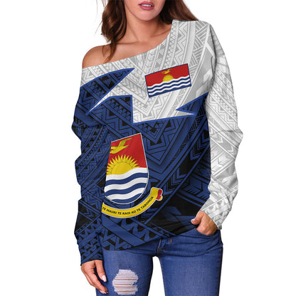 Kiribati Off Shoulder Sweatshirt Polynesian Tattoo Flag And Coat Of Arms