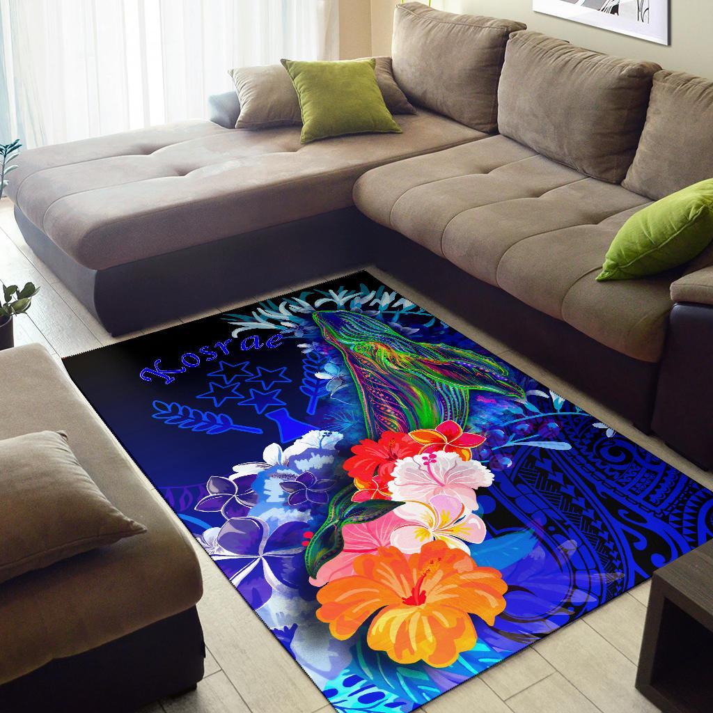 Kosrae Area Rug - Humpback Whale with Tropical Flowers (Blue)