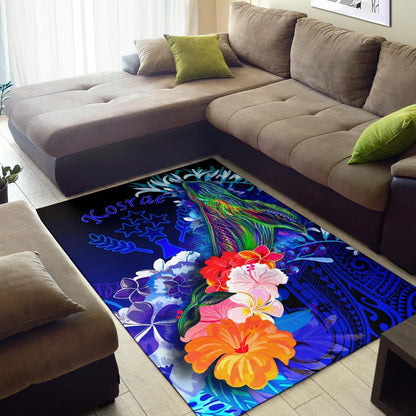 Kosrae Area Rug - Humpback Whale with Tropical Flowers (Blue)