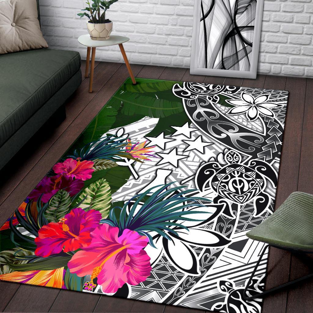 Kosrae Area Rug White - Turtle Plumeria Banana Leaf