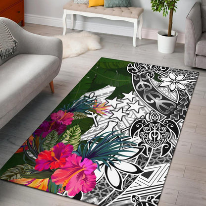 Kosrae Area Rug White - Turtle Plumeria Banana Leaf