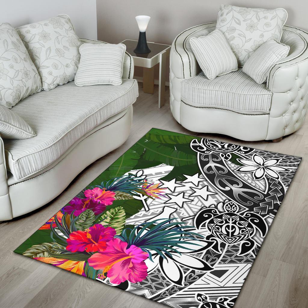 Kosrae Area Rug White - Turtle Plumeria Banana Leaf