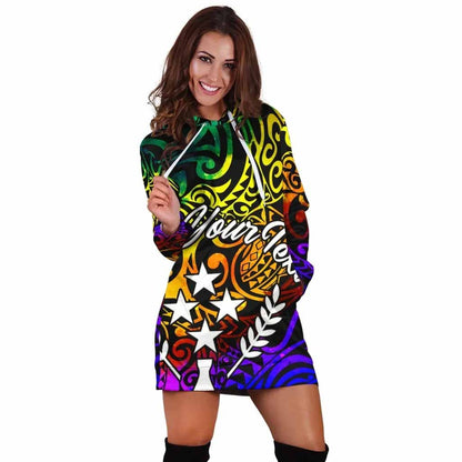 Kosrae Custom Personalised Hoodie Dress - Rainbow Polynesian Pattern