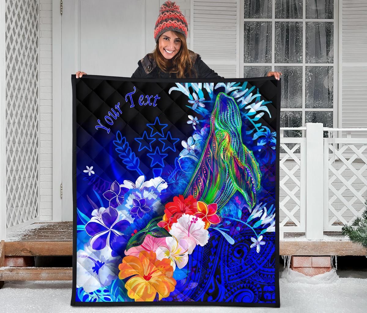 Kosrae Custom Personalised Premium Quilt - Humpback Whale with Tropical Flowers (Blue)