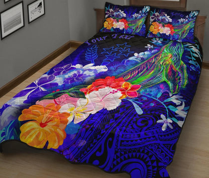 Kosrae Custom Personalised Quilt Bed Set - Humpback Whale with Tropical Flowers (Blue)