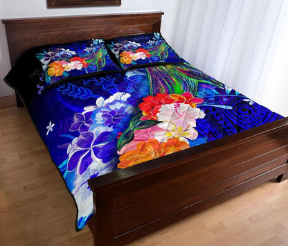 Kosrae Custom Personalised Quilt Bed Set - Humpback Whale with Tropical Flowers (Blue)