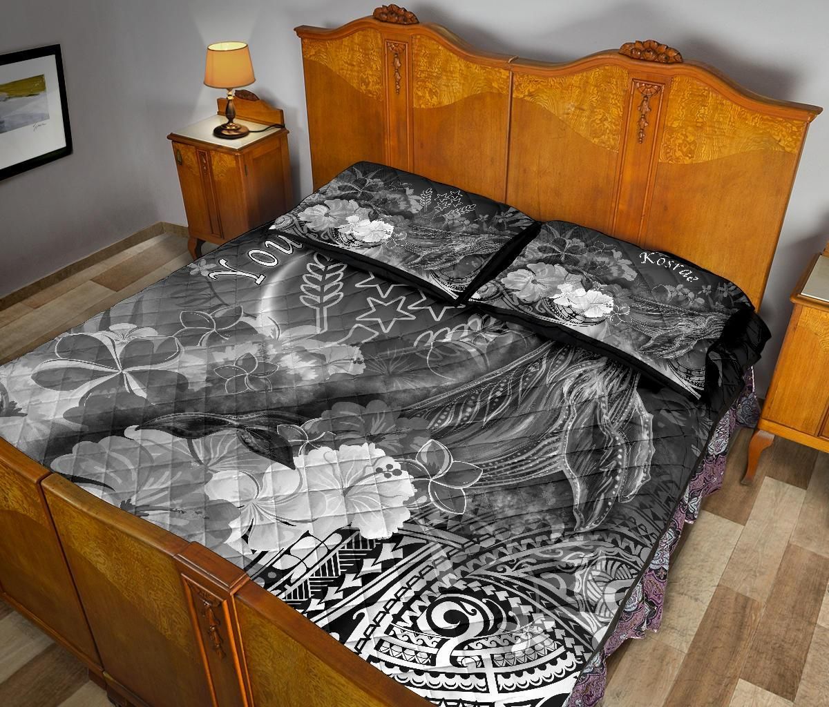 Kosrae Custom Personalised Quilt Bed Set - Humpback Whale with Tropical Flowers (White)