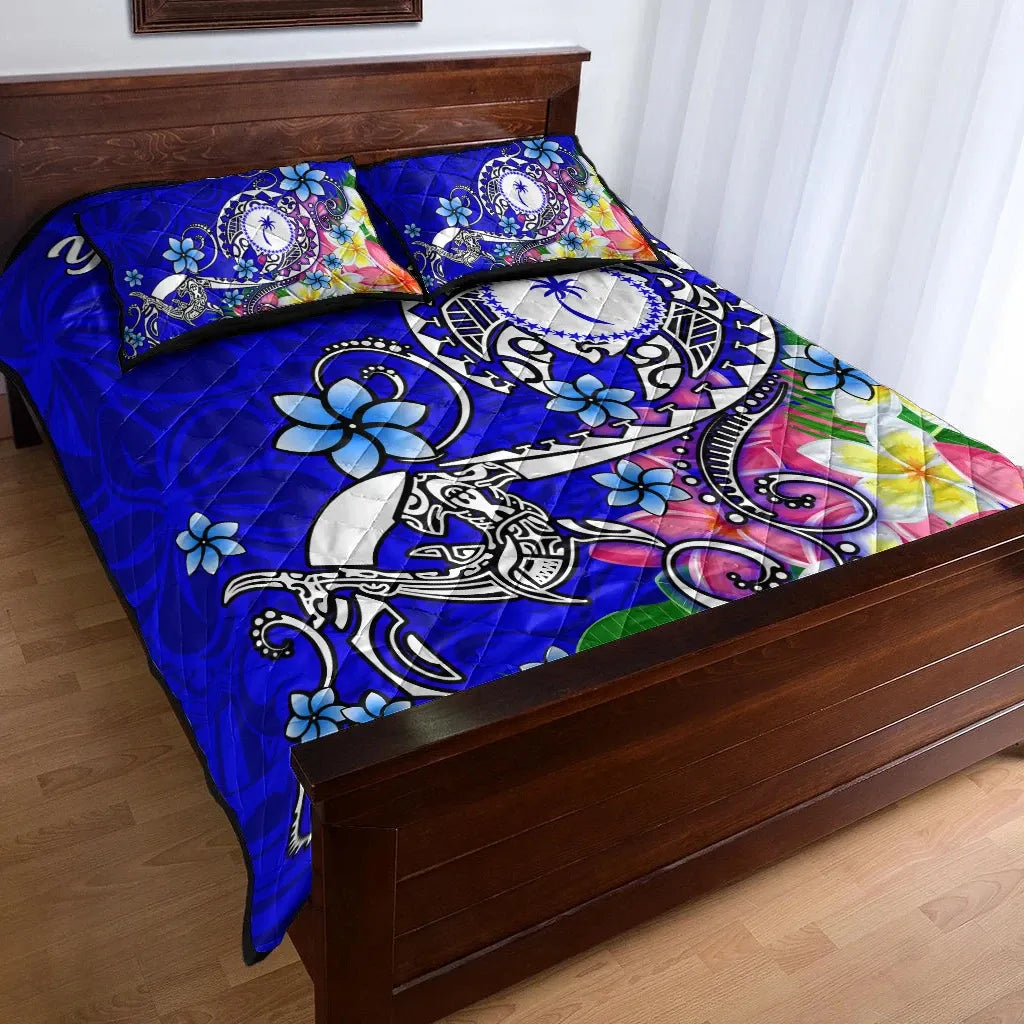 Kosrae Custom Personalised Quilt Bed Set - Turtle Plumeria (Blue)