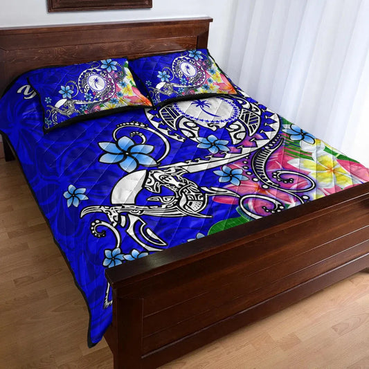 Kosrae Custom Personalised Quilt Bed Set - Turtle Plumeria (Blue)