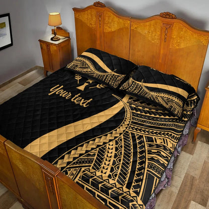 Kosrae Custom Personalised Quilt Bed Set - Gold Polynesian Tentacle Tribal Pattern
