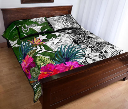 Kosrae Custom Personalised Quilt Bed Set White - Turtle Plumeria Banana Leaf