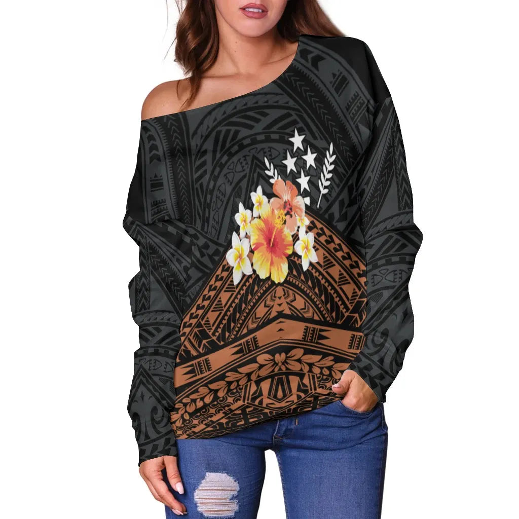 Kosrae Custom Personalised Women Off Shoulder Sweaters - Tribal Pattern Hibiscus
