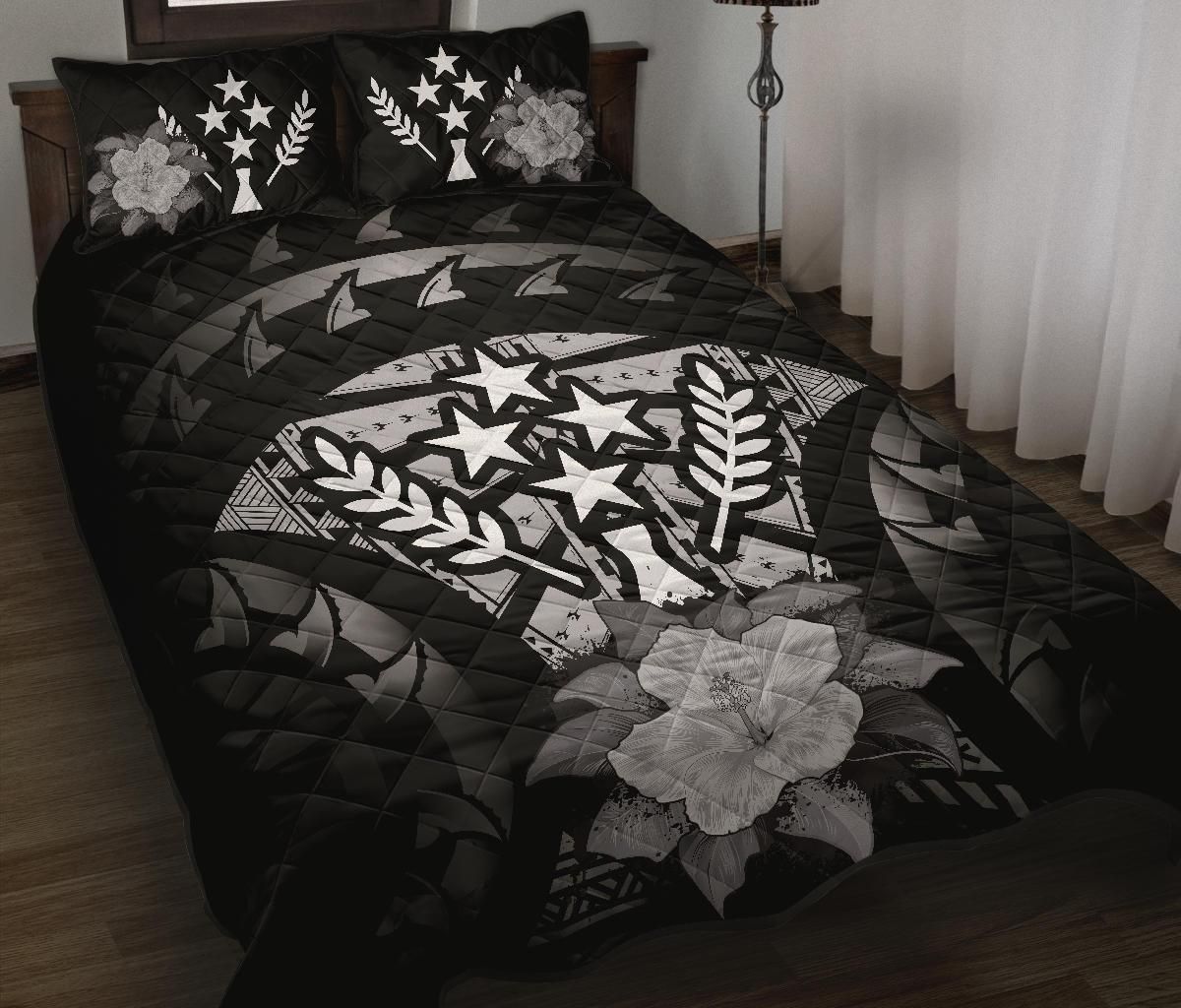 Kosrae Polynesian Quilt Bed Set Hibiscus Gray