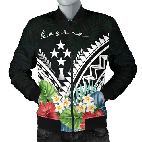 Kosrae Bomber Jacket - Kosrae Coat of Arms & Polynesian Tropical Flowers White