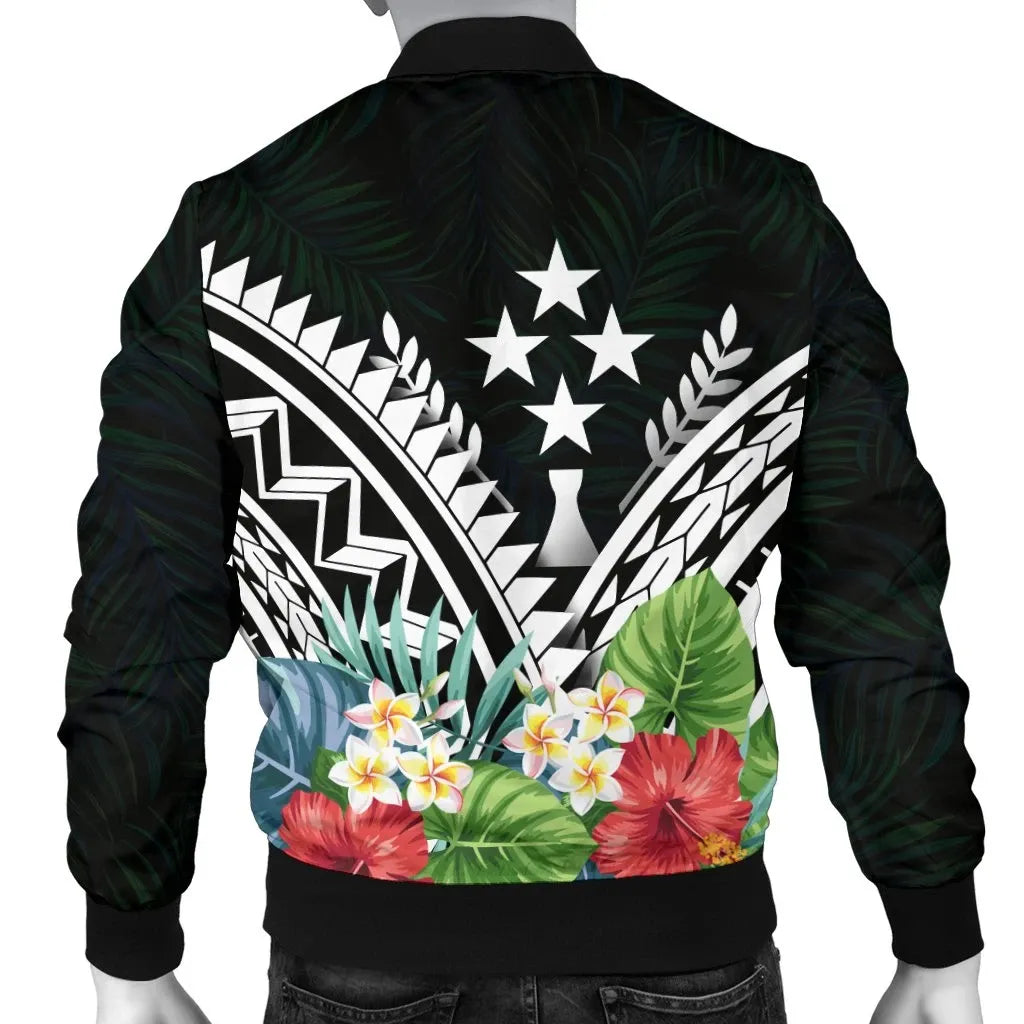 Kosrae Bomber Jacket - Kosrae Coat of Arms & Polynesian Tropical Flowers White