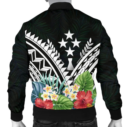Kosrae Bomber Jacket - Kosrae Coat of Arms & Polynesian Tropical Flowers White