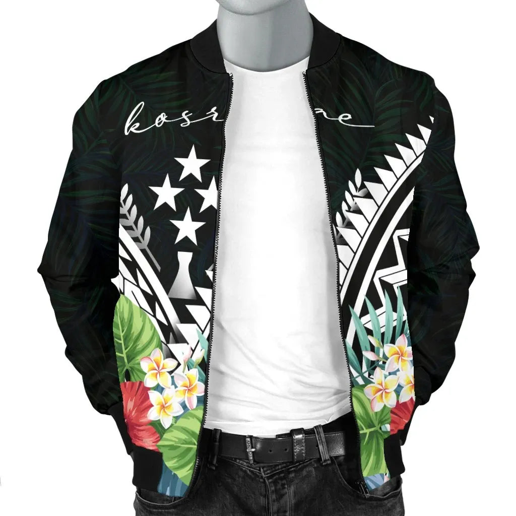 Kosrae Bomber Jacket - Kosrae Coat of Arms & Polynesian Tropical Flowers White