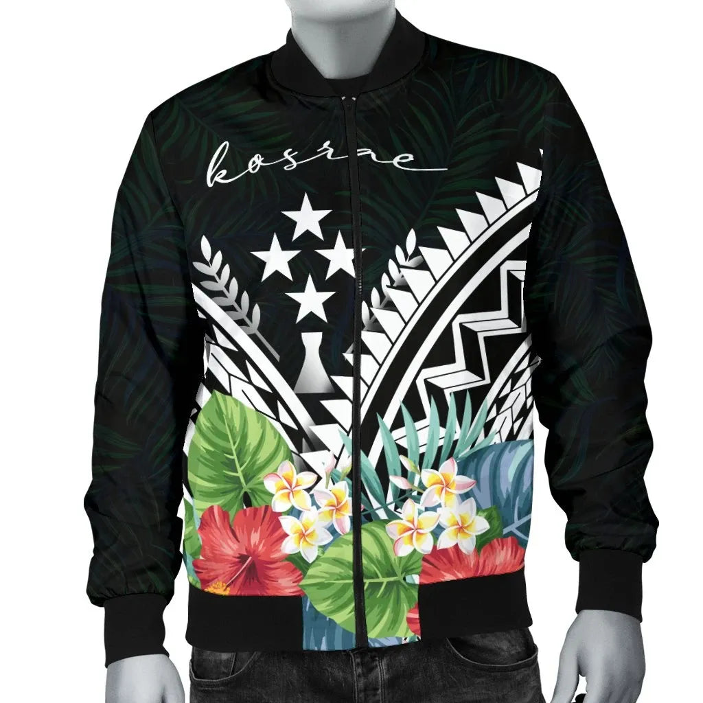 Kosrae Bomber Jacket - Kosrae Coat of Arms & Polynesian Tropical Flowers White