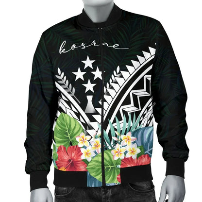 Kosrae Bomber Jacket - Kosrae Coat of Arms & Polynesian Tropical Flowers White