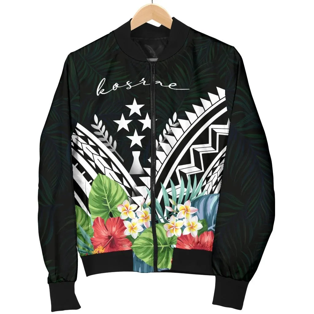 Kosrae Bomber Jacket - Kosrae Coat of Arms & Polynesian Tropical Flowers White
