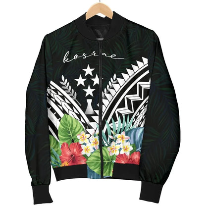 Kosrae Bomber Jacket - Kosrae Coat of Arms & Polynesian Tropical Flowers White