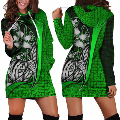 Kosrae Micronesian Female Hoodie Dress Green - Turtle With Hook