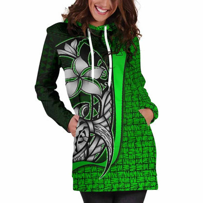 Kosrae Micronesian Female Hoodie Dress Green - Turtle With Hook
