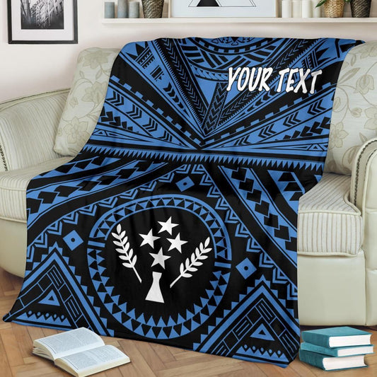 Kosrae Personalised Premium Blanket - Kosrae Flag In Polynesian Tattoo Style (Blue)