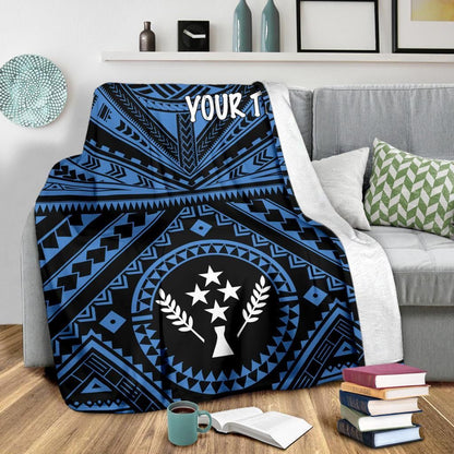 Kosrae Personalised Premium Blanket - Kosrae Flag In Polynesian Tattoo Style (Blue)