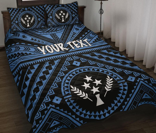 Kosrae Personalised Quilt Bed Set - Kosrae Flag In Polynesian Tattoo Style (Blue)
