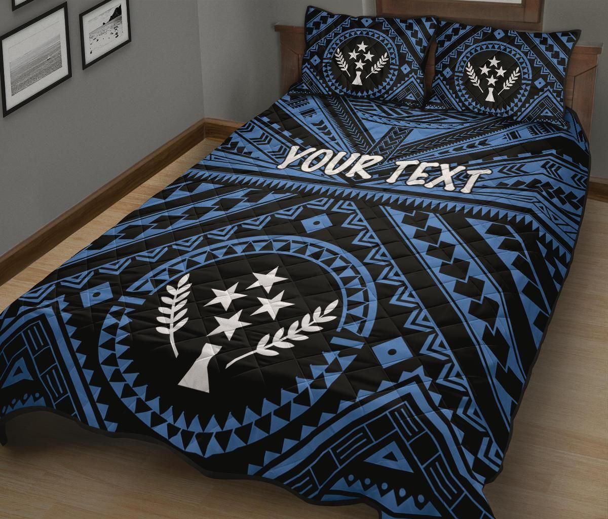 Kosrae Personalised Quilt Bed Set - Kosrae Flag In Polynesian Tattoo Style (Blue)