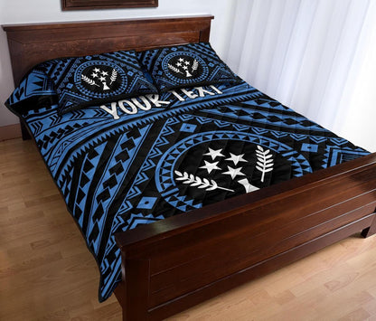 Kosrae Personalised Quilt Bed Set - Kosrae Flag In Polynesian Tattoo Style (Blue)