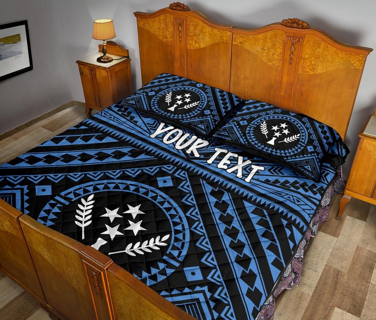 Kosrae Personalised Quilt Bed Set - Kosrae Flag In Polynesian Tattoo Style (Blue)