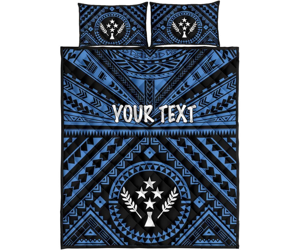 Kosrae Personalised Quilt Bed Set - Kosrae Flag In Polynesian Tattoo Style (Blue)