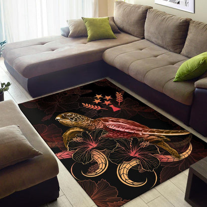 Kosrae Polynesian Area Rugs - Turtle With Blooming Hibiscus Gold