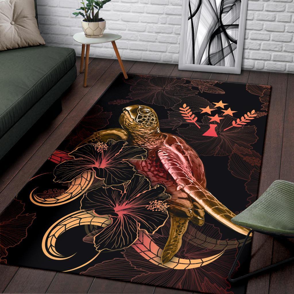 Kosrae Polynesian Area Rugs - Turtle With Blooming Hibiscus Gold