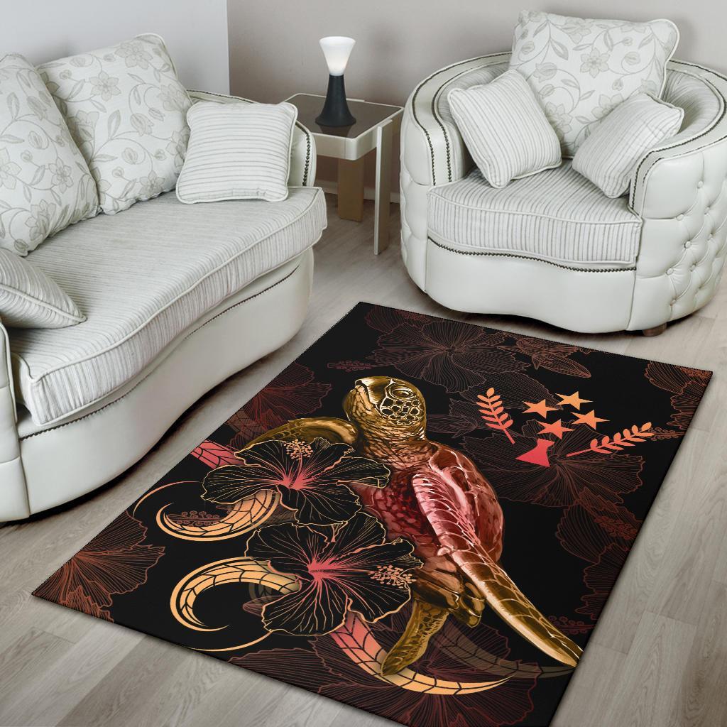 Kosrae Polynesian Area Rugs - Turtle With Blooming Hibiscus Gold