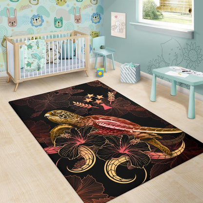 Kosrae Polynesian Area Rugs - Turtle With Blooming Hibiscus Gold