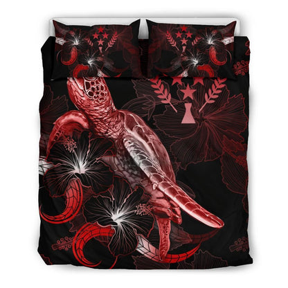 Kosrae Polynesian Bedding Set - Turtle With Blooming Hibiscus Red